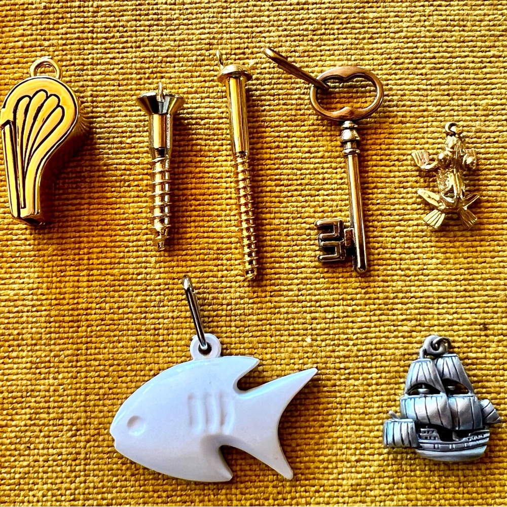 8 vintage charms/pendants. Eclectic mix! Fish, whistle, frog, Mayflower & more!